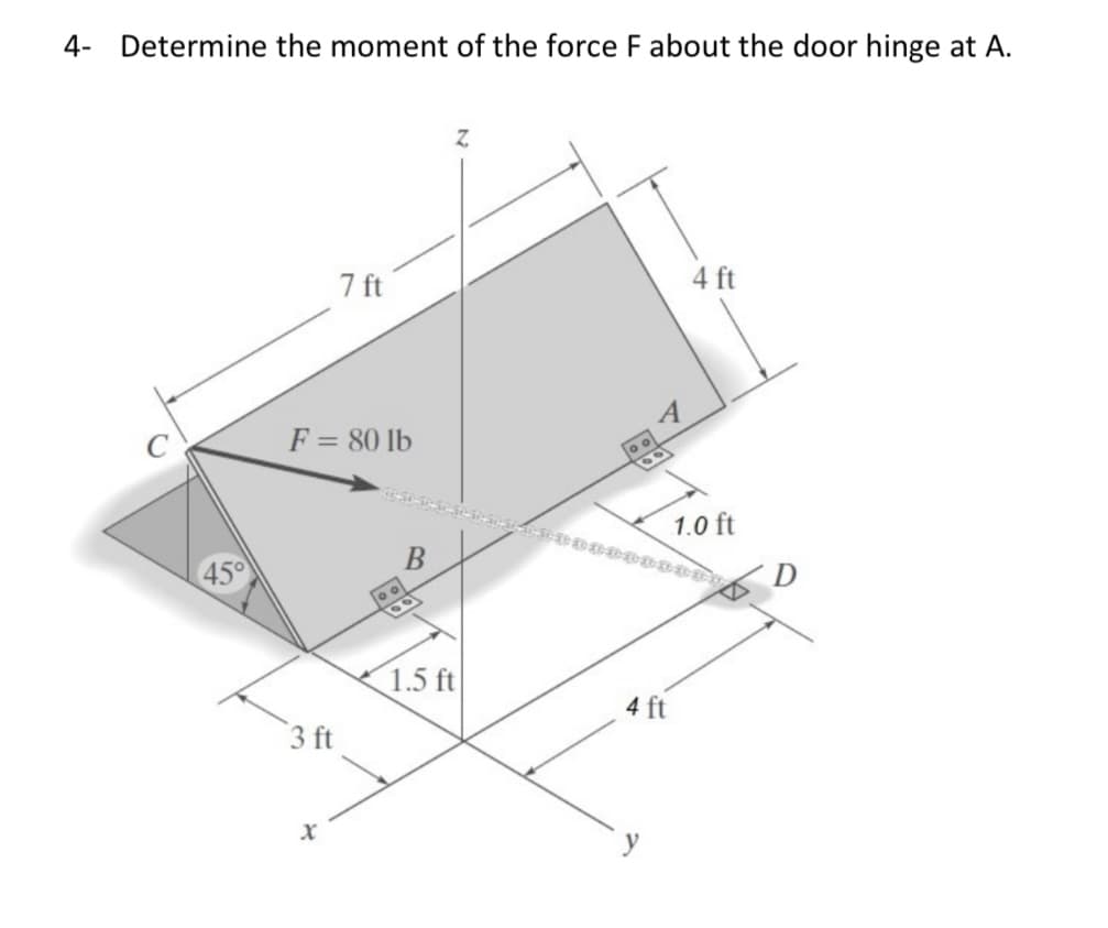 4- Determine the moment of the force F about the door hinge at A.
7 ft
4 ft
F = 80 lb
1.0 ft
45
1.5 ft
4 ft
3 ft
