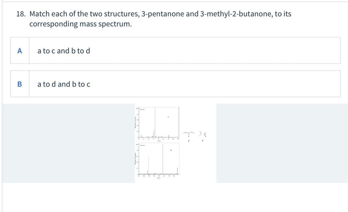 18. Match each of the two structures, 3-pentanone and 3-methyl-2-butanone, to its
corresponding mass spectrum.
A
a to c and b to d
В
a to d and b to c
