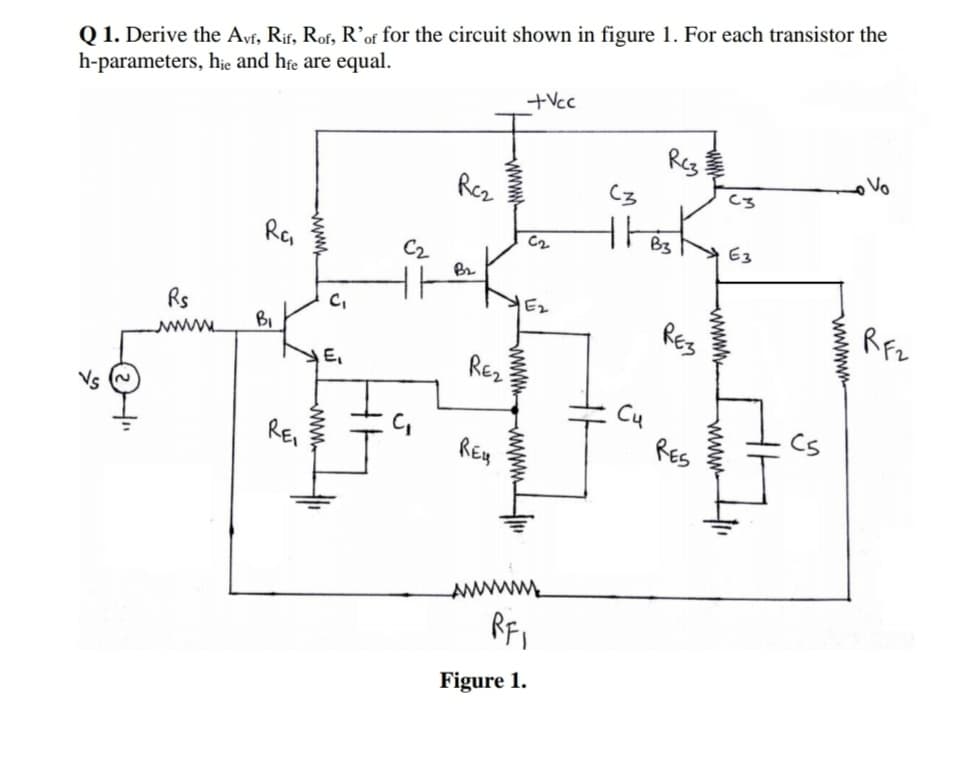 Q 1. Derive the Avf, Rif, Rof, R’of for the circuit shown in figure 1. For each transistor the
h-parameters, hie and hfe are equal.
+Vcc
Reg
Vo
Rez
C3
C3
B3
E3
R
C2
RES
Rfz
Rs
BI
www
E,
REz
Cu
RES
REI
REy
RF,
Figure 1.
wwww
WW
www.
www
wwww
www
