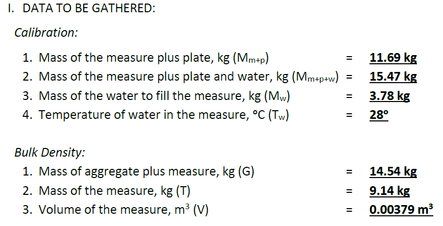 I. DATA TO BE GATHERED:
Calibration:
1. Mass of the measure plus plate, kg (Mm+p)
11.69 kg
2. Mass of the measure plus plate and water, kg (Mm+p+w)
15.47 kg
%3D
3. Mass of the water to fill the measure, kg (Mw)
3.78 kg
4. Temperature of water in the measure, °C (Tw)
28°
Bulk Density:
1. Mass of aggregate plus measure, kg (G)
14.54 kg
%3D
2. Mass of the measure, kg (T)
9.14 kg
3. Volume of the measure, m³ (V)
0.00379 m3
