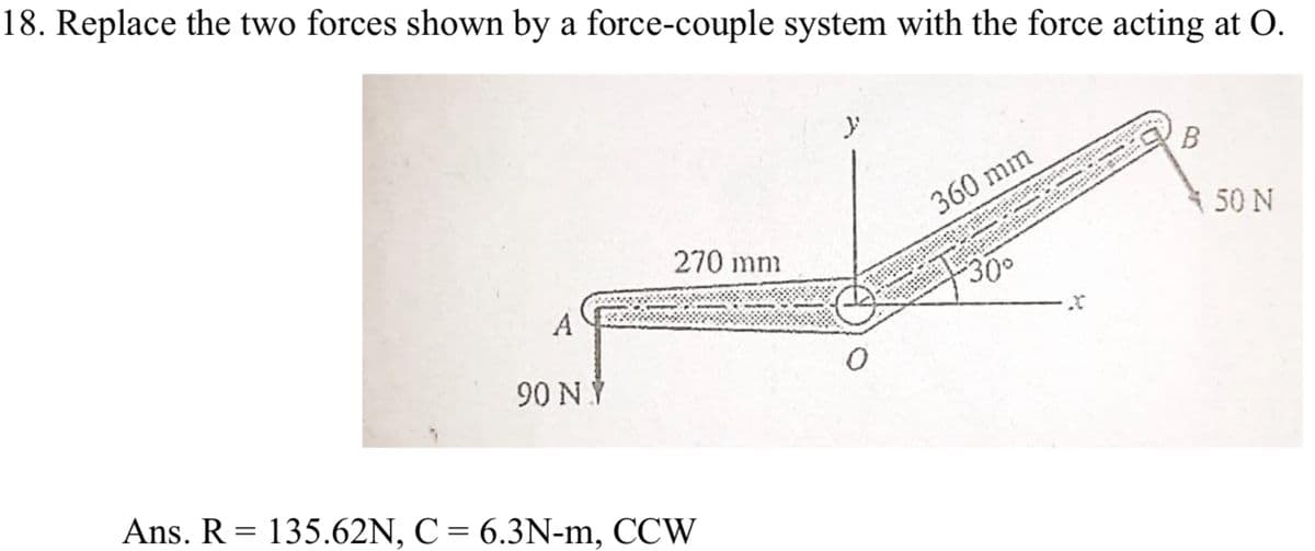 18. Replace the two forces shown by a force-couple system with the force acting at O.
B
360 mm
50 N
270 mm
30°
A
90 N Ý
Ans. R = 135.62N, C = 6.3N-m, CCW

