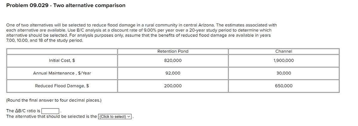 Problem 09.029 - Two alternative comparison
One of two alternatives will be selected to reduce flood damage in a rural community in central Arizona. The estimates associated with
each alternative are available. Use B/C analysis at a discount rate of 9.00% per year over a 20-year study period to determine which
alternative should be selected. For analysis purposes only, assume that the benefits of reduced flood damage are available in years
7.00, 10.00, and 18 of the study period.
Initial Cost, $
Annual Maintenance, $/Year
Reduced Flood Damage, $
(Round the final answer to four decimal places.)
The AB/C ratio is [
The alternative that should be selected is the (Click to select)
Retention Pond
820,000
92,000
200,000
Channel
1,900,000
30,000
650,000