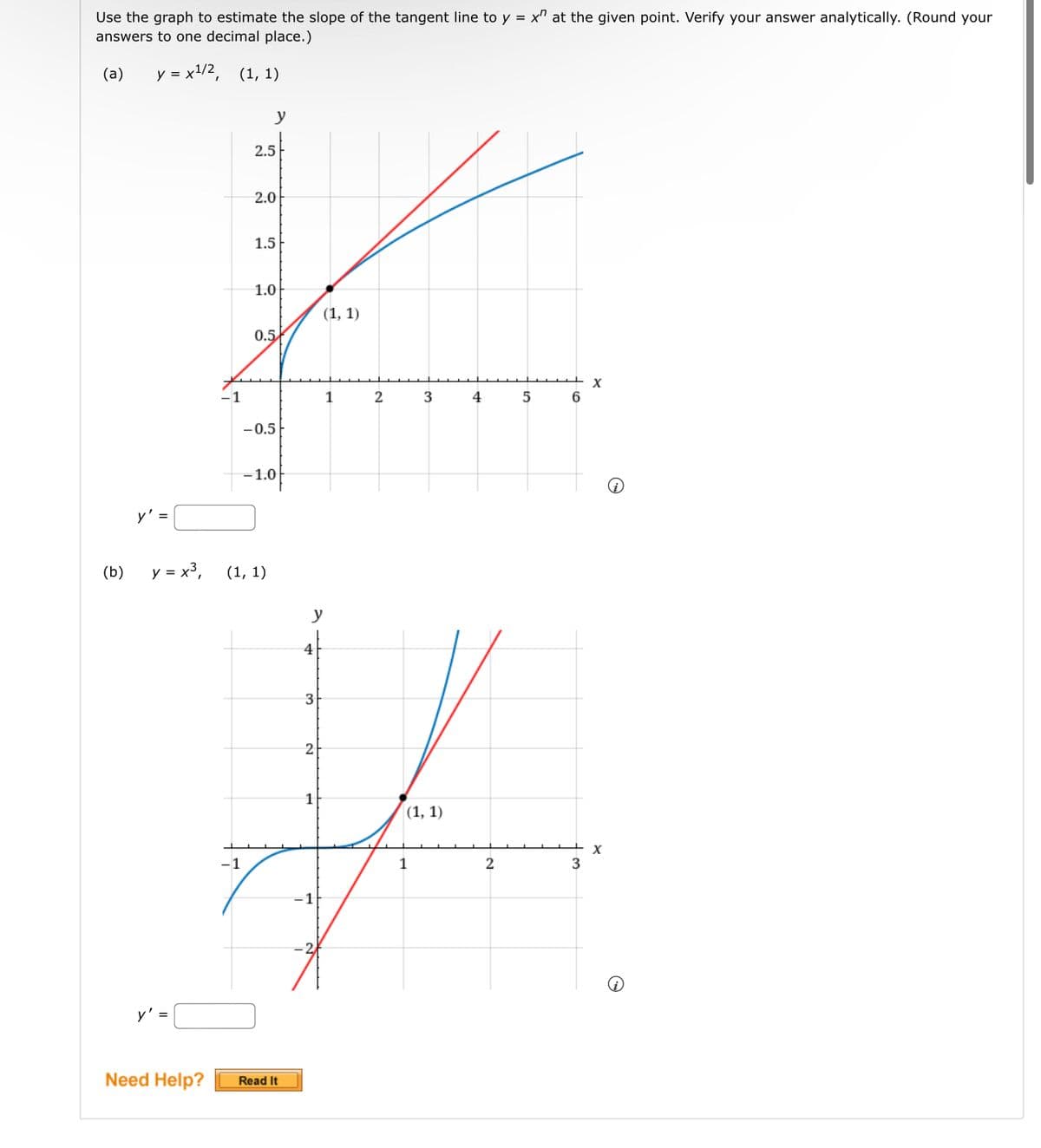 Use the graph to estimate the slope of the tangent line to y = x at the given point. Verify your answer analytically. (Round your
answers to one decimal place.)
(a)
y = x¹/2, (1, 1)
(b)
y' =
y = x³,
Need Help?
-1
-1
y
2.5
2.0
1.5
1.0
0.5
-0.5
(1, 1)
-1.0
Read It
y
4
3
2
(1, 1)
1
1
2
3
(1, 1)
1
4
2
5
6
3
X
X
