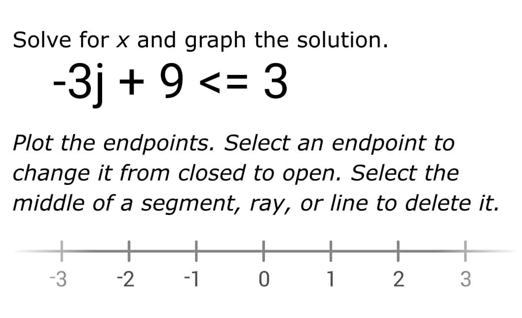 Solve for x and graph the solution.
-3j + 9 <= 3
Plot the endpoints. Select an endpoint to
change it from closed to open. Select the
middle of a segment, ray, or line to delete it.
-3
+
-2 -1
+
0 1
2
3