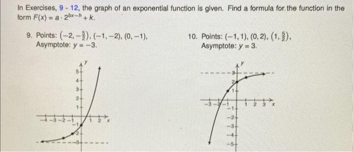 In Exercises, 9-12, the graph of an exponential function is given. Find a formula for the function in the
form F(x)= a
2bx-h+k.
3
9. Points: (-2,-), (-1,-2), (0, -1),
Asymptote: y = -3.
2+
1+
10. Points: (-1, 1), (0, 2), (1.2),
Asymptote: y = 3.
3