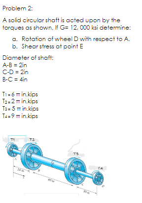 Problem 2:
A solid circular shaft is acted upon by the
torques as shown. If G= 12, 000 ksi determine:
a. Rotation of wheel D with respect to A.
b. Shear stress at point E
Diameter of shaft:
A-B = 2in
C-D = 2in
B-C = 4in
Ti= 6 T in.kips
T2=2 m in.kips
T3= 5 m in.kips
T4= 9 m in.kips
T1
T2
