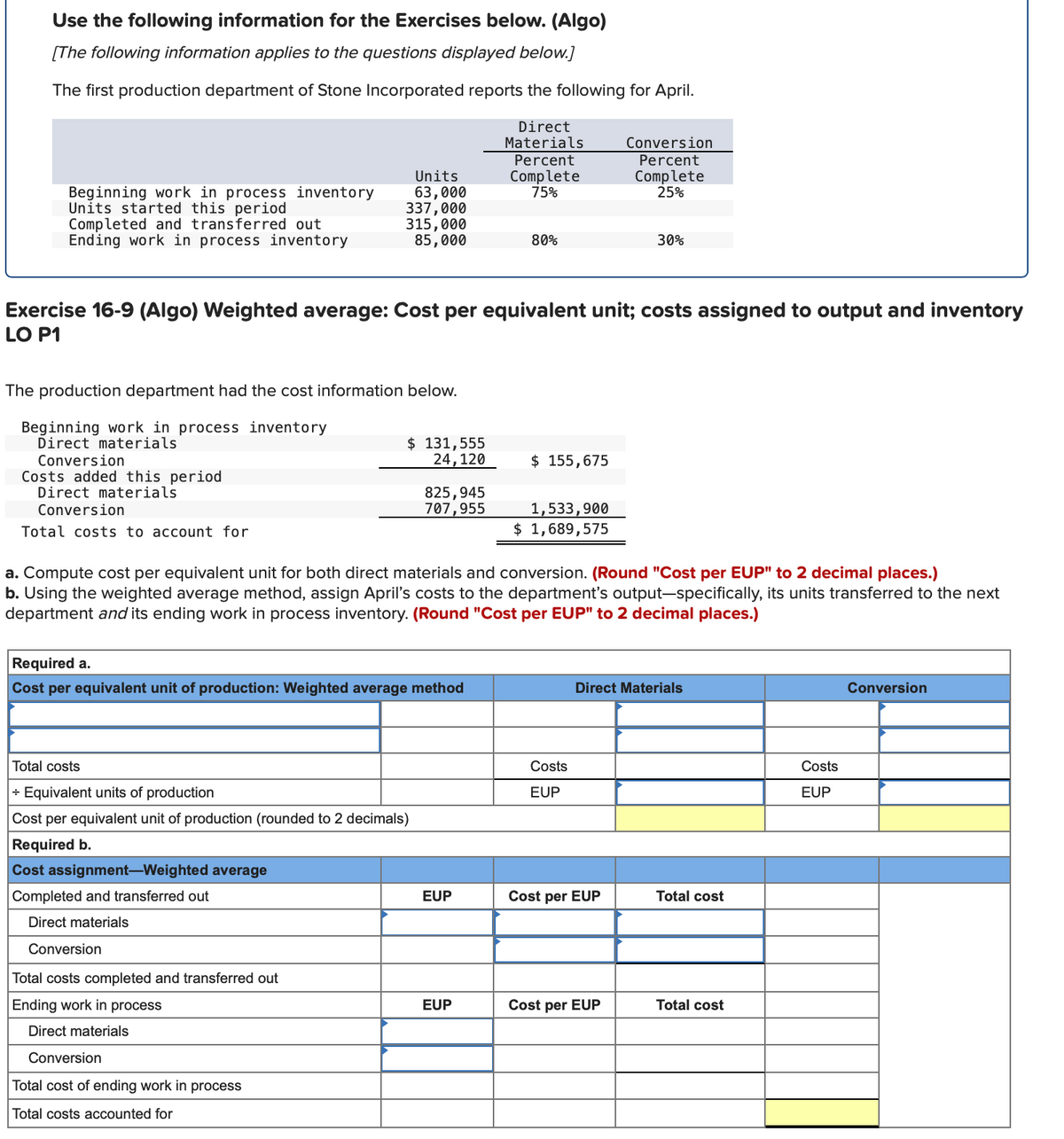 Use the following information for the Exercises below. (Algo)
[The following information applies to the questions displayed below.]
The first production department of Stone Incorporated reports the following for April.
Direct
Materials
Percent
Complete
75%
Conversion
Percent
Complete
25%
Beginning work in process inventory
Units started this period
Completed and transferred out
Ending work in process inventory
Units
63,000
337,000
315,000
85,000
80%
30%
Exercise 16-9 (Algo) Weighted average: Cost per equivalent unit; costs assigned to output and inventory
LO P1
The production department had the cost information below.
Beginning work in process inventory
Direct materials
$ 131,555
24,120
Conversion
$ 155,675
Costs added this period
Direct materials
825,945
707,955
1,533,900
$ 1,689,575
Conversion
Total costs to account for
a. Compute cost per equivalent unit for both direct materials and conversion. (Round "Cost per EUP" to 2 decimal places.)
b. Using the weighted average method, assign April's costs to the department's output-specifically, its units transferred to the next
department and its ending work in process inventory. (Round "Cost per EUP" to 2 decimal places.)
Required a.
Cost per equivalent unit of production: Weighted average method
Direct Materials
Conversion
Total costs
Costs
Costs
+ Equivalent units of production
EUP
EUP
Cost per equivalent unit of production (rounded to 2 decimals)
Required b.
Cost assignment-Weighted average
Completed and transferred out
EUP
Cost per EUP
Total cost
Direct materials
Conversion
Total costs completed and transferred out
Ending work in process
EUP
Cost per EUP
Total cost
Direct materials
Conversion
Total cost of ending work in process
Total costs accounted for
