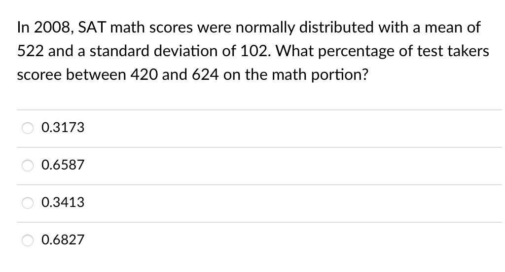 In 2008, SAT math scores were normally distributed with a mean of
522 and a standard deviation of 102. What percentage of test takers
scoree between 420 and 624 on the math portion?
0.3173
0.6587
0.3413
0.6827
