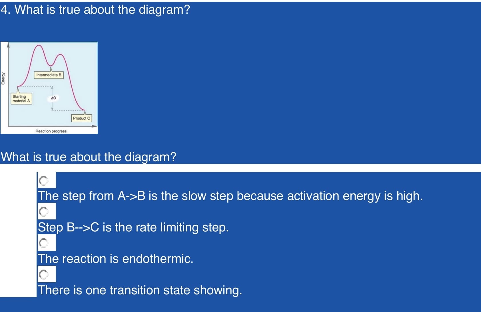 4. What is true about the diagram?
Intermediate B
Starting
material A
AG
Product C
Reaction progress
What is true about the diagram?
The step from A->B is the slow step because activation energy is high.
Step B-->C is the rate limiting step.
The reaction is endothermic.
There is one transition state showing.
Energy
