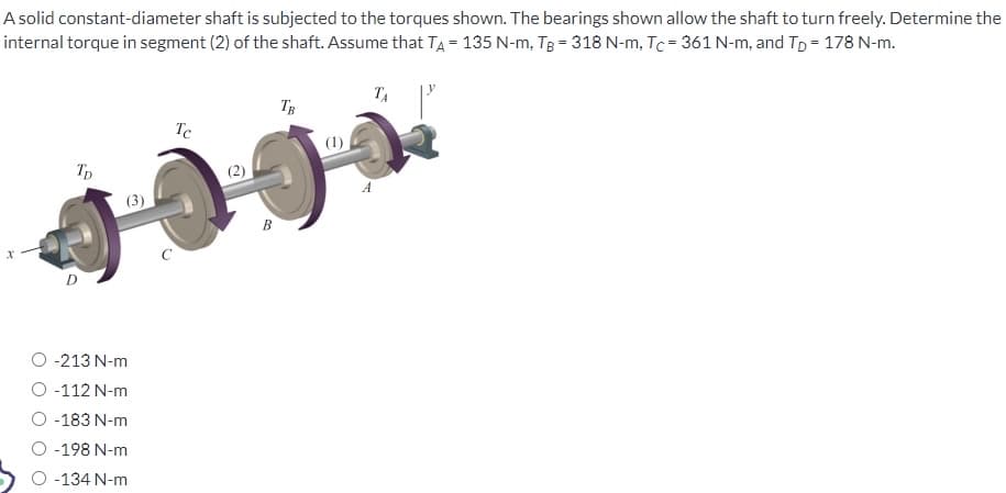 A solid constant-diameter shaft is subjected to the torques shown. The bearings shown allow the shaft to turn freely. Determine the
internal torque in segment (2) of the shaft. Assume that TA = 135 N-m, TB = 318 N-m, Tc = 361 N-m, and Tp = 178 N-m.
TD
D
O -213 N-m
O -112 N-m
O -183 N-m
O -198 N-m
O-134 N-m
с
Tc
B
TB