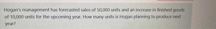 Hogan's management has forecasted sales of 50,000 units and an increase in finished goods
of 10,000 units for the upcoming year. How many units is Hogan planning to produce next
year?