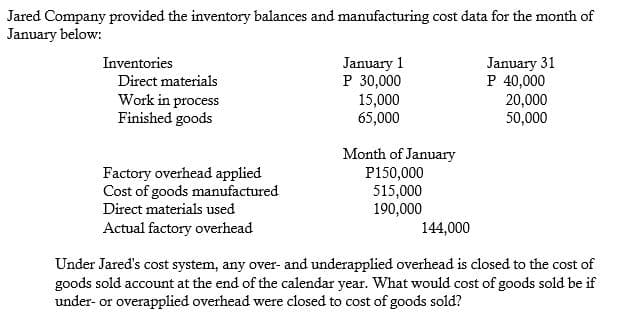 Jared Company provided the inventory balances and manufacturing cost data for the month of
January below:
January 1
P 30,000
15,000
65,000
January 31
P 40,000
Inventories
Direct materials
Work in process
Finished goods
20,000
50,000
Factory overhead applied
Cost of goods manufactured
Direct materials used
Month of January
P150,000
515,000
190,000
Actual factory overhead
144,000
Under Jared's cost system, any over- and underapplied overhead is closed to the cost of
goods sold account at the end of the calendar year. What would cost of goods sold be if
under- or overapplied overhead were closed to cost of goods sold?
