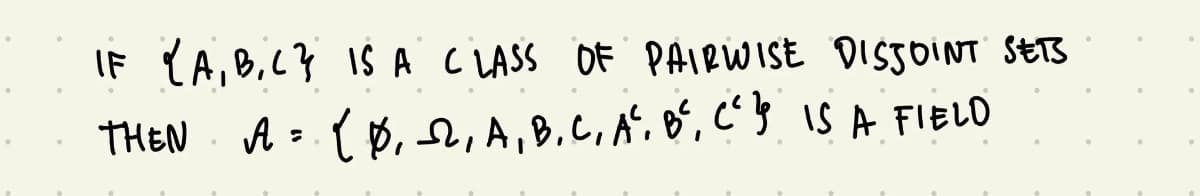 IF (A, B,(} IS A CLASS DF PAIRWISE DISJOINT SETS
THEN
A -. ( B, S2, A,B.C, A, B, C'§ is A FIELD
