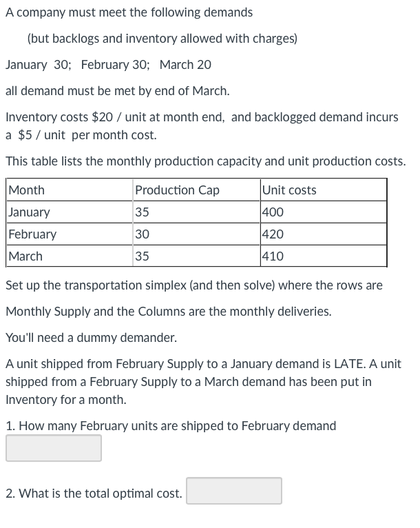A company must meet the following demands
(but backlogs and inventory allowed with charges)
January 30; February 30; March 20
all demand must be met by end of March.
Inventory costs $20/ unit at month end, and backlogged demand incurs
a $5 / unit per month cost.
This table lists the monthly production capacity and unit production costs.
Month
January
February
March
Production Cap
35
30
35
Unit costs
400
420
410
Set up the transportation simplex (and then solve) where the rows are
Monthly Supply and the Columns are the monthly deliveries.
You'll need a dummy demander.
A unit shipped from February Supply to a January demand is LATE. A unit
shipped from a February Supply to a March demand has been put in
Inventory for a month.
1. How many February units are shipped to February demand
2. What is the total optimal cost.