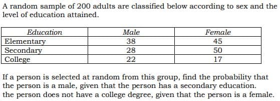A random sample of 200 adults are classified below according to sex and the
level of education attained.
Education
Elementary
Secondary
College
Male
Female
38
45
28
22
50
17
If a person is selected at random from this group, find the probability that
the person is a male, given that the person has a secondary education.
the person does not have a college degree, given that the person is a female.
