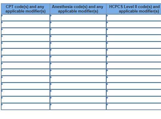 CPT code(s) and any
applicable modifier(s)
Anesthesia code(s) and any
applicable modifier(s)
HCPCS Level Il code(s) and
applicable modifier(s)
