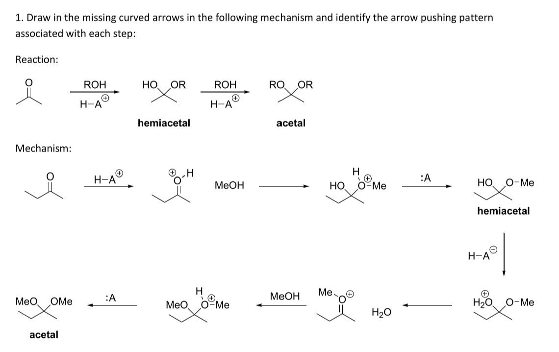 1. Draw in the missing curved arrows in the following mechanism and identify the arrow pushing pattern
associated with each step:
Reaction:
Mechanism:
MeO OMe
acetal
ROH
(+
H-A
H-A
:A
HO OR
hemiacetal
H
ROH
+
H-A
MeOH
H
MeO O-Me
RO OR
acetal
MeOH
HO
Me.
H
LO
о ме
H₂O
:A
HO
O-Me
hemiacetal
H-A
|
H₂O O-Me