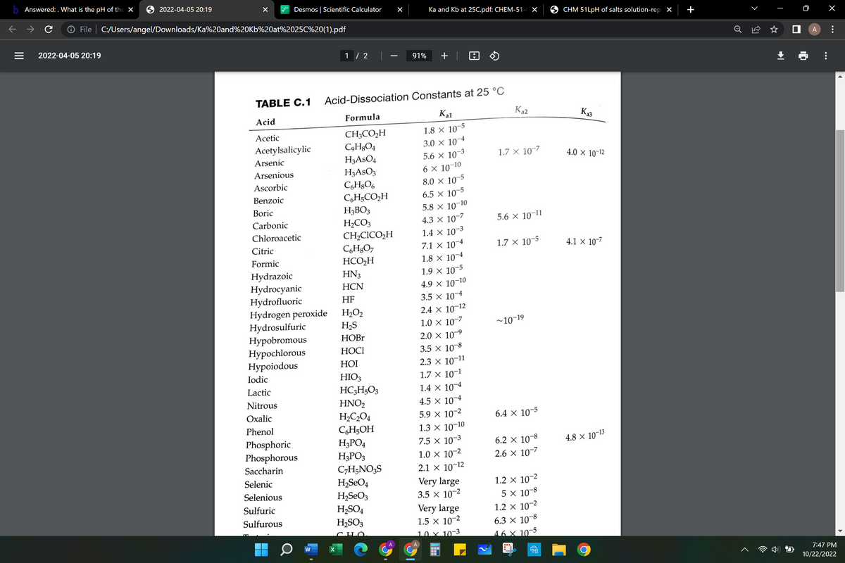 b Answered: . What is the pH of the X
2022-04-05 20:19
2022-04-05 20:19
File C:/Users/angel/Downloads/Ka%20and%20Kb%20at%2025C%20(1).pdf
Desmos | Scientific Calculator
TABLE C.1
Acid
Acetic
Acetylsalicylic
Arsenic
Arsenious
Ascorbic
Benzoic
Boric
Carbonic
Chloroacetic
Citric
Formic
Iodic
Lactic
Nitrous
Oxalic
Phenol
Hydrazoic
Hydrocyanic
Hydrofluoric
Hydrogen peroxide
Hydrosulfuric
Hypobromous
Hypochlorous
Hypoiodous
Phosphoric
Phosphorous
Saccharin
Selenic
Selenious
Sulfuric
Sulfurous
W
1 / 2
—
Acid-Dissociation
Formula
CH3CO₂H
C9H8O4
H3ASO4
H3ASO3
C6H8O6
C6H5CO₂H
H3BO3
H₂CO3
CH₂CICO₂H
C6H8O7
HCO₂H
HN3
HCN
HF
H₂O₂
H₂S
HOBr
НОСІ
HOI
HIO3
HC3H5O3
HNO₂
H₂C₂O4
C6H5OH
H3PO4
H3PO3
C₂H₂NO3S
H₂SeO4
H₂SeO3
H₂SO4
H₂SO3
×
91%
Ka and Kb at 25C.pdf: CHEM-51- X
+
Constants at 25 °C
Kal
1.8 × 10-5
3.0 × 10-4
5.6 × 10-3
6 X 10-10
-5
-10
8.0 × 10-5
6.5 X 107
5.8 X 10-1
4.3 × 10-7
1.4 X 107
7.1 × 10-4
1.8 × 10-4
1.9 × 10-5
4.9 × 10-10
3.5 x 10
-4
2.4 x 10-12
1.0 × 10-7
2.0 × 10-⁹
-9
3.5 × 10-8
2.3 × 10-11
1.7 X 10-¹
1.4 x 10
4.5 × 10-4
-4
5.9 × 10-2
1.3 × 10-10
7.5 × 10-3
1.0 × 10-2
2.1 × 10-¹2
Very large
3.5 x 10-²
Very large
1.5 × 10-²
10 x 10-3
Ka2
1.7 x 10-7
5.6 × 10-11
1.7 x 10-5
~10-19
6.4 × 10-5
6.2 × 10-8
2.6 × 10-7
1.2 x 10-2
5 × 10-8
1.2 x 10-²
6.3 × 10-8
46 x 10
-5
XO
TO
CHM 51LpH of salts solution-repX
Ka3
4.0 × 10-12
4.1 x 10-7
4.8 x 10-13
<
Ơ
31
A
x
7:47 PM
10/22/2022