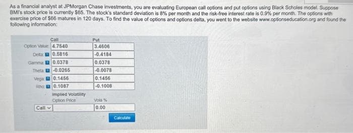 As a financial analyst at JPMorgan Chase investments, you are evaluating European call options and put options using Black Scholes model. Suppose
BMI's stock price is currently $65. The stock's standard deviation is 8% per month and the risk-free interest rate is 0.9% per month. The options with
exercise price of $66 matures in 120 days. To find the value of options and options delta, you went to the website www.optionseducation.org and found the
following information:
Call
Option Value 4.7540
Delta 0.5816
Gamma 0.0378
Theta -0.0265
Vega 0.1456
Rho0.1087
Call
Implied Volatility
Option Price
Put
3.4606
-0.4184
0.0378
-0.0078
0.1456
-0.1008
Vola %
0.00
Calculate