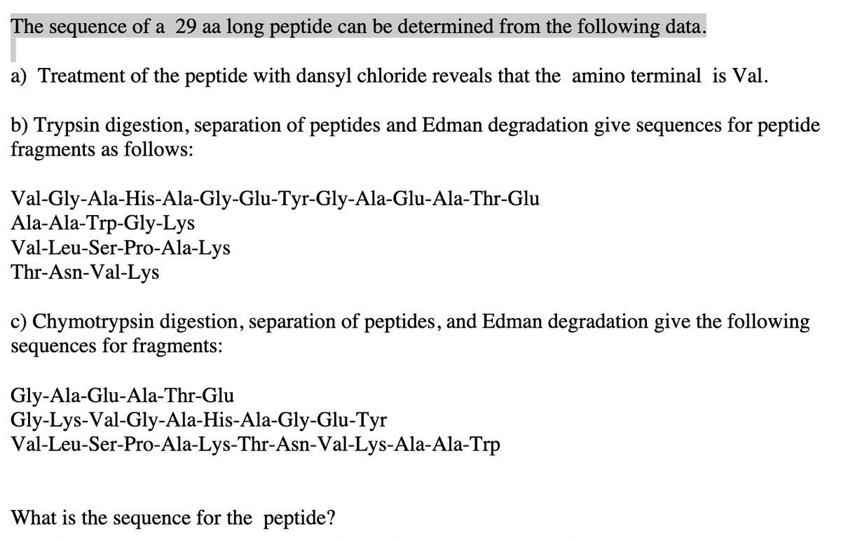 The
sequence
of a 29 aa long peptide can be determined from the following data.
a) Treatment of the peptide with dansyl chloride reveals that the amino terminal is Val.
b) Trypsin digestion, separation of peptides and Edman degradation give sequences for peptide
fragments as follows:
Val-Gly-Ala-His-Ala-Gly-Glu-Tyr-Gly-Ala-Glu-Ala-Thr-Glu
Ala-Ala-Trp-Gly-Lys
Val-Leu-Ser-Pro-Ala-Lys
Thr-Asn-Val-Lys
c) Chymotrypsin digestion, separation of peptides, and Edman degradation give the following
sequences for fragments:
Gly-Ala-Glu-Ala-Thr-Glu
Gly-Lys-Val-Gly-Ala-His-Ala-Gly-Glu-Tyr
Val-Leu-Ser-Pro-Ala-Lys-Thr-Asn-Val-Lys-Ala-Ala-Trp
What is the sequence for the peptide?

