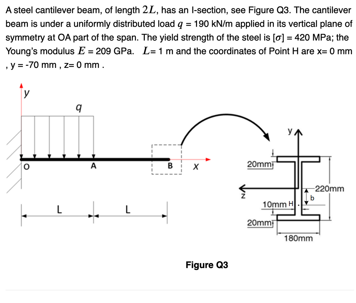 A steel cantilever beam, of length 2L, has an I-section, see Figure Q3. The cantilever
beam is under a uniformly distributed load q = 190 kN/m applied in its vertical plane of
symmetry at OA part of the span. The yield strength of the steel is [o] = 420 MPa; the
Young's modulus E = 209 GPa. L= 1 m and the coordinates of Point H are x= 0 mm
, y = -70 mm, z= 0 mm .
y
lumi
L
A
L
B X
Figure Q3
20mm
у,
10mm H
20mm
-220mm
b
180mm