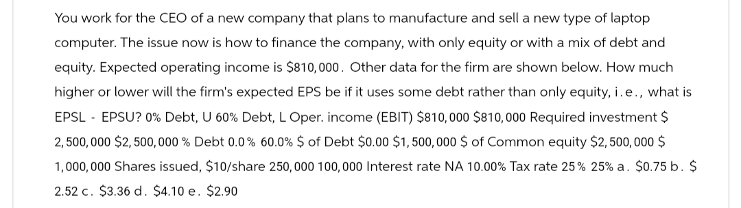 You work for the CEO of a new company that plans to manufacture and sell a new type of laptop
computer. The issue now is how to finance the company, with only equity or with a mix of debt and
equity. Expected operating income is $810,000. Other data for the firm are shown below. How much
higher or lower will the firm's expected EPS be if it uses some debt rather than only equity, i. e., what is
EPSL - EPSU? 0% Debt, U 60% Debt, L Oper. income (EBIT) $810,000 $810,000 Required investment $
2,500,000 $2,500,000 % Debt 0.0% 60.0% $ of Debt $0.00 $1,500,000 $ of Common equity $2,500,000 $
1,000,000 Shares issued, $10/share 250,000 100, 000 Interest rate NA 10.00% Tax rate 25% 25% a. $0.75 b. $
2.52 c. $3.36 d. $4.10 e. $2.90