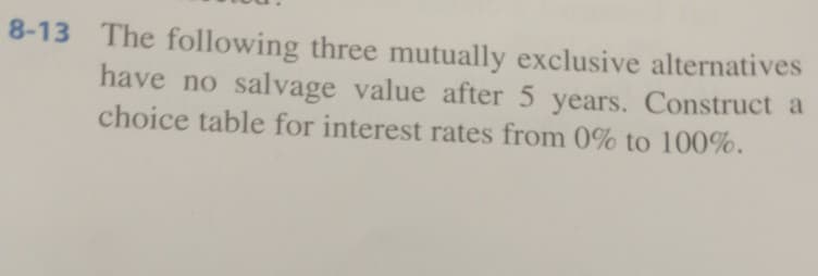 8-13 The following three mutually exclusive alternatives
have no salvage value after 5 years. Construct a
choice table for interest rates from 0% to 100%.