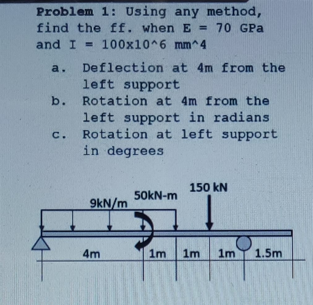 Problem 1: Using any method,
70 GPa
find the ff. when E
and I
100x10 6 mm^4
%3D
a.
Deflection at 4m from the
left support
Rotation at 4m from the
left support in radians
Rotation at left support
in degrees
b.
C.
150 kN
50KN-m
9kN/m
4m
1m
1m
1m
1.5m

