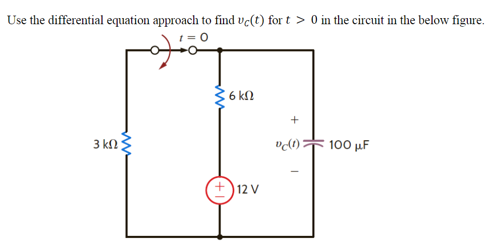 Use the differential equation approach to find vc(t) for t > 0 in the circuit in the below figure.
t = 0
3 ΚΩ
6 ΚΩ
+)12V
+
Oc(t)
100 με