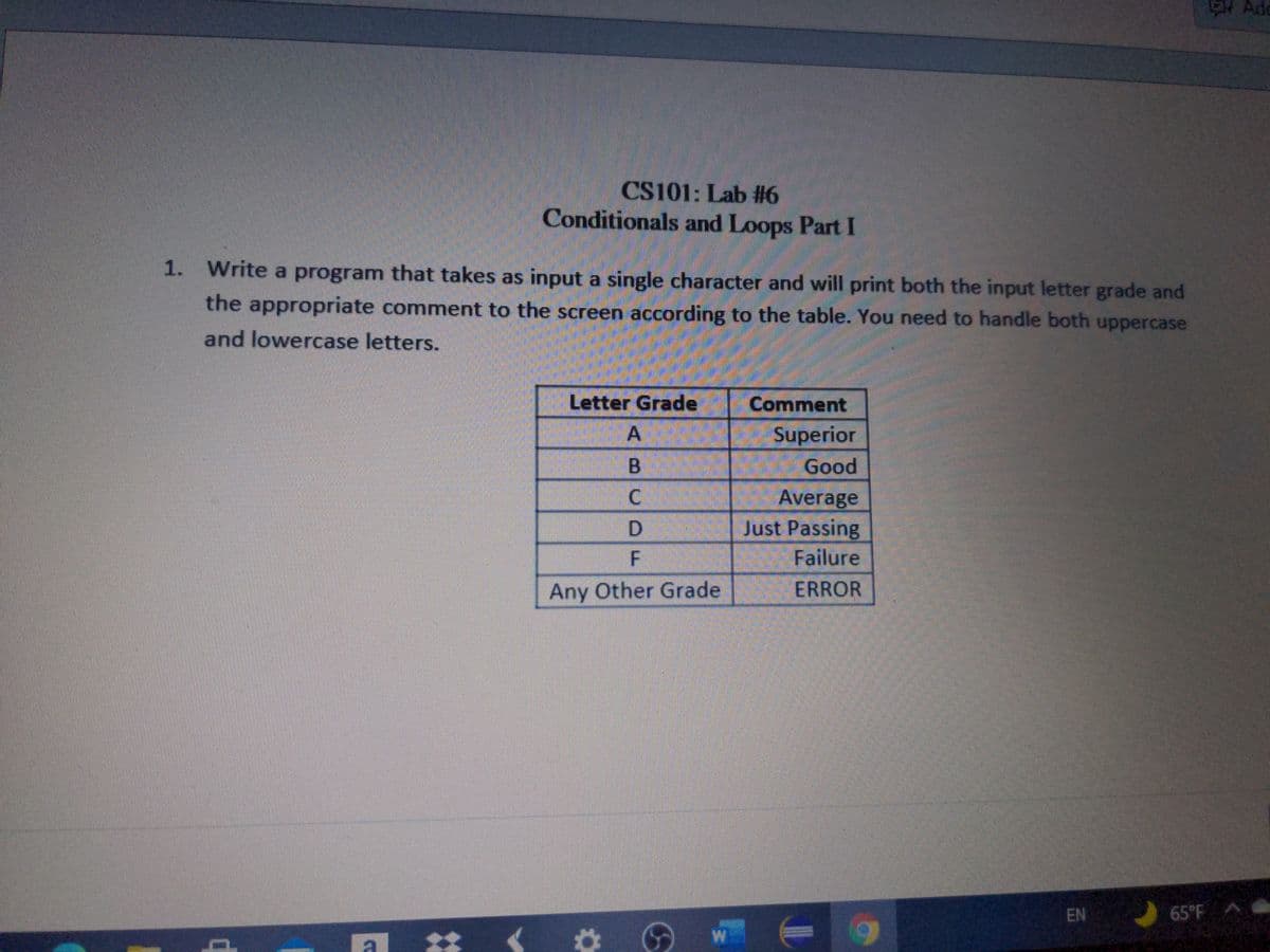 CS101: Lab #6
Conditionals and Loops Part I
1. Write a program that takes as input a single character and will print both the input letter grade and
the appropriate comment to the screen according to the table. You need to handle both uppercase
and lowercase letters.
Letter Grade
Comment
Superior
Good
Average
Just Passing
Failure
ERROR
Any Other Grade
EN
65°F A
W
