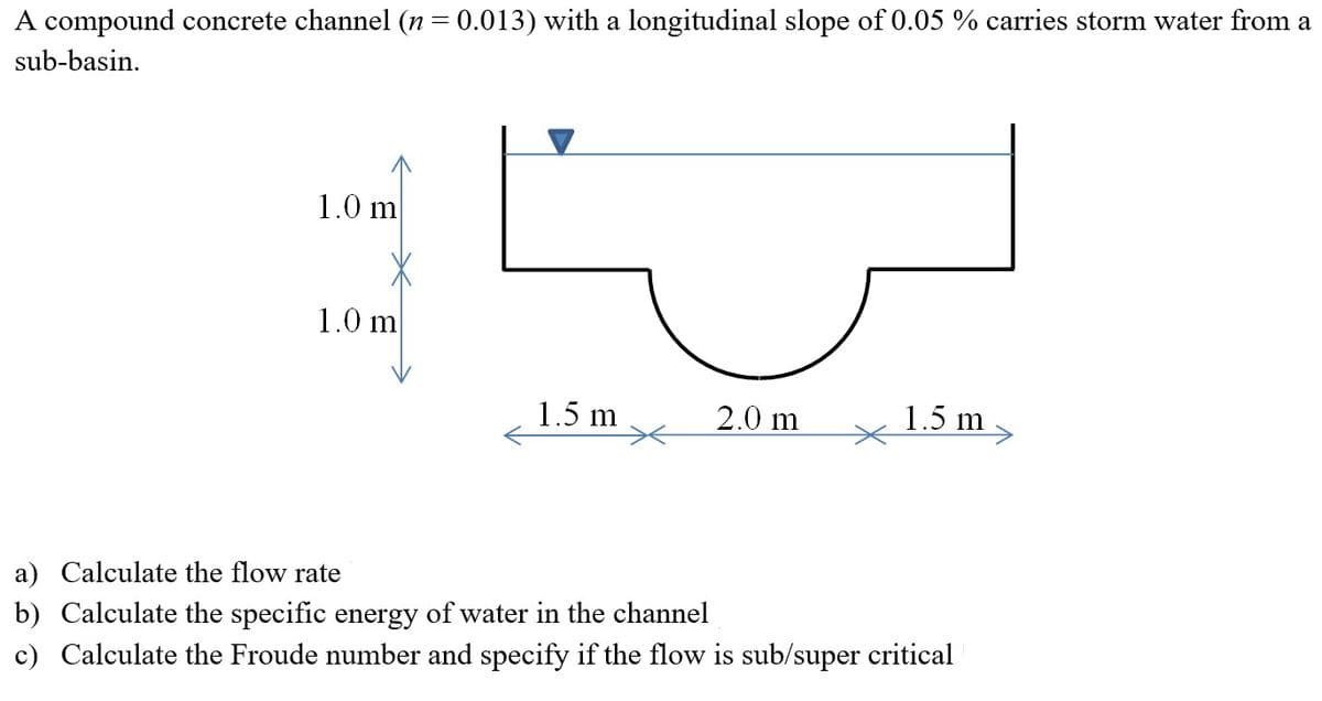 A compound concrete channel (n= 0.013) with a longitudinal slope of 0.05 % carries storm water from a
sub-basin.
1.0 m
1.0 m
1.5 m
2.0 m
1.5 m
a) Calculate the flow rate
b) Calculate the specific energy of water in the channel
c) Calculate the Froude number and specify if the flow is sub/super critical
