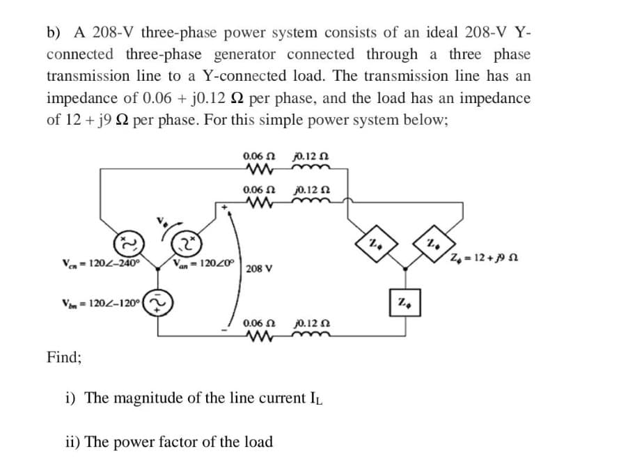 b) A 208-V three-phase power system consists of an ideal 208-V Y-
connected three-phase generator connected through a three phase
transmission line to a Y-connected load. The transmission line has an
impedance of 0.06 + j0.12 2 per phase, and the load has an impedance
of 12+ j9 2 per phase. For this simple power system below;
Ven=120-240°
Von 120-120°
Find;
an
= 120/0°
0,06 Ω
ww
0.06 Ω
www
208 V
j0.12
j0.12 2
0.06 Ω j0.12 2
ww
ii) The power factor of the load
i) The magnitude of the line current IL
2.4
B
2.
Z
Z=12 +39 52