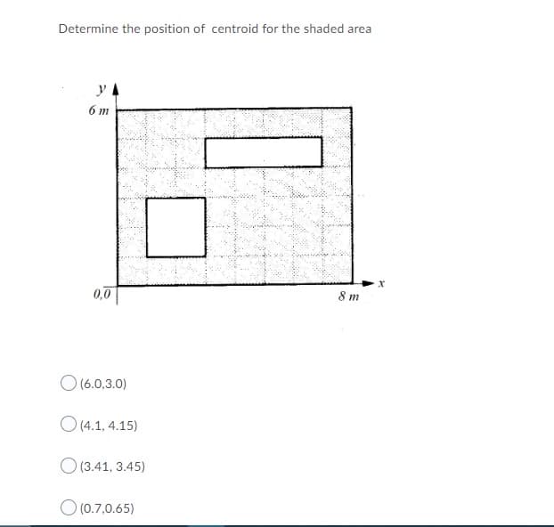 Determine the position of centroid for the shaded area
YA
8 m
6 m
0,0
O (6.0,3.0)
(4.1, 4.15)
(3.41, 3.45)
(0.7,0.65)