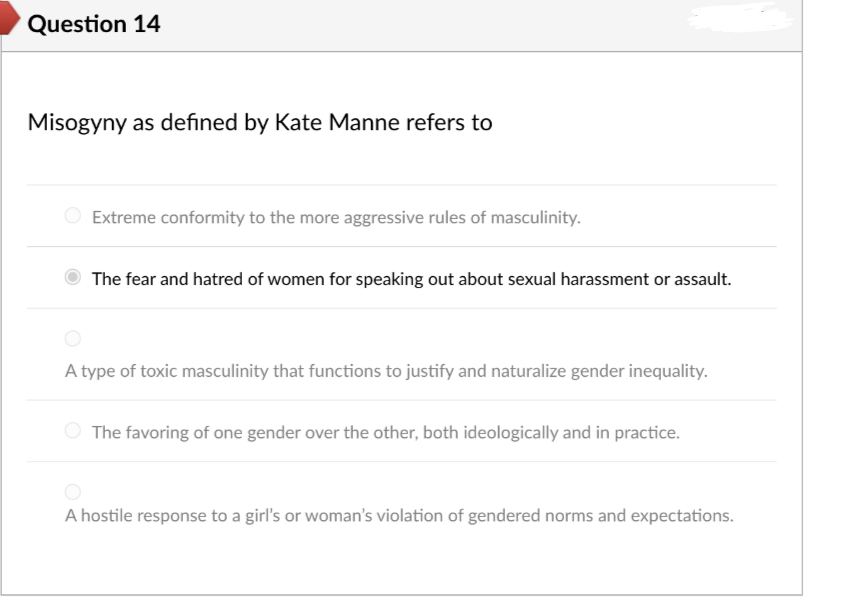 Question 14
Misogyny as defined by Kate Manne refers to
Extreme conformity to the more aggressive rules of masculinity.
The fear and hatred of women for speaking out about sexual harassment or assault.
A type of toxic masculinity that functions to justify and naturalize gender inequality.
The favoring of one gender over the other, both ideologically and in practice.
A hostile response to a girl's or woman's violation of gendered norms and expectations.