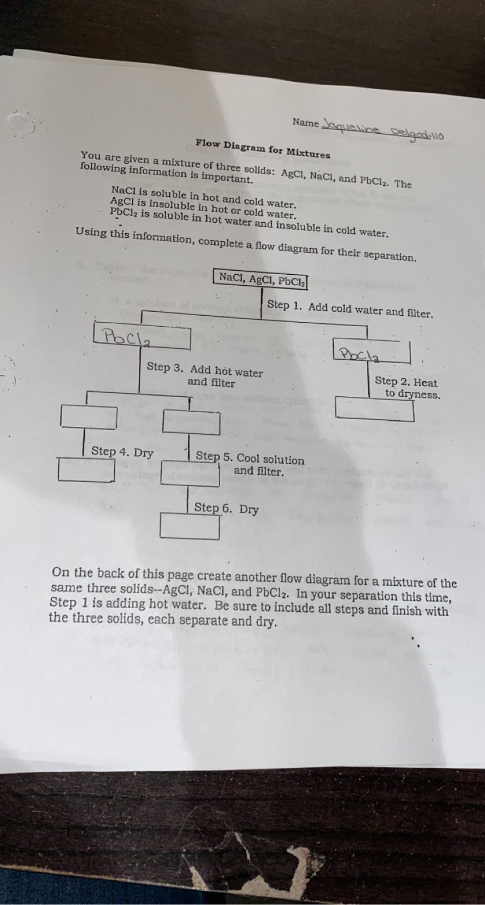 Name queline Delgadillo
Flow Diagram for Mixtures
You are given a mixture of three solids: AgCl, NaCI, and PbCl2. The
following information is important.
Nacl is soluble in hot and cold water.
AgCl is insoluble in hot or cold water.
PbCl2 is soluble in hot water and insoluble in cold water.
Using this information, complete a flow diagram for their separation.
NaCl, AgCl, PBC22|
Step 1. Add cold water and filter.
Pocla
Pocla
Step 3. Add hỏt water
and filter
Step 2. Heat
to dryness.
Step 5. Cool solution
and filter.
Step 4. Dry
Step 6. Dry
On the back of this page create another flow diagram for a mixture of the
same three solids--AgCl, NaCI, and PbCl2. In your separation this time,
Step 1 is adding hot water. Be sure to include all steps and finish with
the three solids, each separate and dry.
