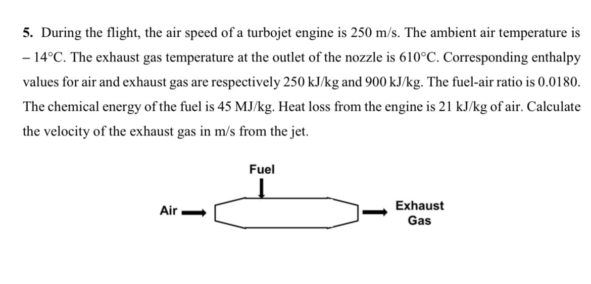 5. During the flight, the air speed of a turbojet engine is 250 m/s. The ambient air temperature is
- 14°C. The exhaust gas temperature at the outlet of the nozzle is 610°C. Corresponding enthalpy
values for air and exhaust gas are respectively 250 kJ/kg and 900 kJ/kg. The fuel-air ratio is 0.0180.
The chemical energy of the fuel is 45 MJ/kg. Heat loss from the engine is 21 kJ/kg of air. Calculate
the velocity of the exhaust gas in m/s from the jet.
Fuel
Į
Air
Exhaust
Gas