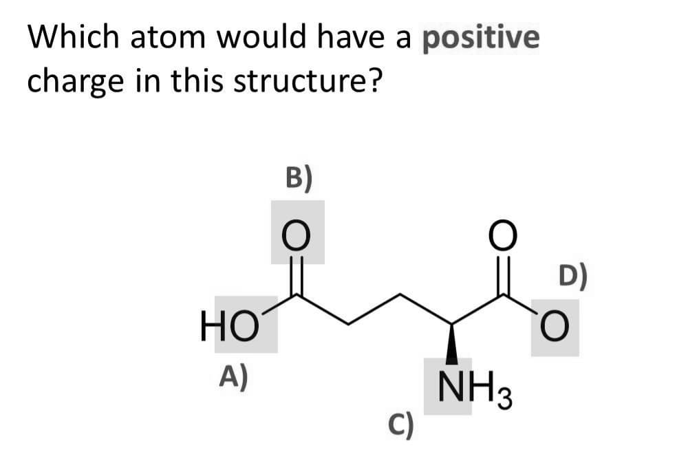 Which atom would have a positive
charge in this structure?
HO
A)
B)
O
C)
O
NH3
D)
O