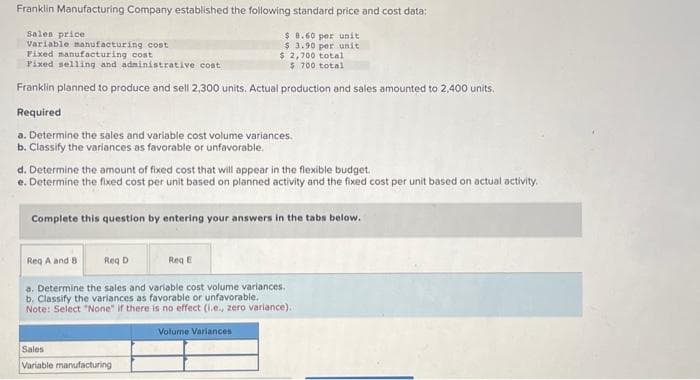 Franklin Manufacturing Company established the following standard price and cost data:
Sales price
$ 8.60 per unit
Variable manufacturing cost
$ 3.90 per unit
Fixed manufacturing cost
Fixed selling and administrative cost
Franklin planned to produce and sell 2,300 units. Actual production and sales amounted to 2,400 units.
Required
a. Determine the sales and variable cost volume variances.
b. Classify the variances as favorable or unfavorable,
d. Determine the amount of fixed cost that will appear in the flexible budget.
e. Determine the fixed cost per unit based on planned activity and the fixed cost per unit based on actual activity.
Complete this question by entering your answers in the tabs below.
$ 2,700 total
$ 700 total
Req A and B
Reg D
a. Determine the sales and variable cost volume variances.
b. Classify the variances as favorable or unfavorable.
Note: Select "None" if there is no effect (i.e., zero variance).
Sales
Variable manufacturing
Reg E
Volume Variances