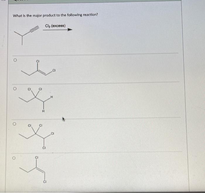 What is the major product to the following reaction?
Cl₂ (excess)
O
O
O
O
CI
CI
K
CI CI
K