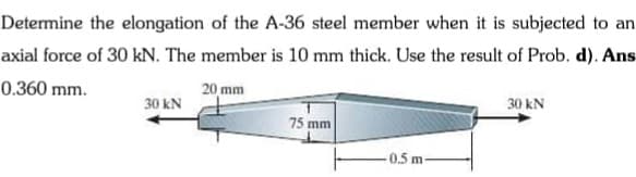 Determine the elongation of the A-36 steel member when it is subjected to an
axial force of 30 kN. The member is 10 mm thick. Use the result of Prob. d). Ans
0.360 mm.
20 mm
30 kN
30 kN
75 mm
-0.5 m
