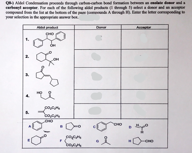 Q8-) Aldol Condensation proceeds through carbon-carbon bond formation between an enolate donor and a
carbonyl acceptor. For each of the following aldol products (1 through 5) select a donor and an acceptor
compound from the list at the bottom of the page (compounds A through H). Enter the letter corresponding to
your selection in the appropriate answer box.
Aldol product
Donor
Acceptor
CHO
OH
2.
3.
но
co,CHs
5.
co,C,Hs
сно
CHO
A
D.
F
CHO
co,C2H5
