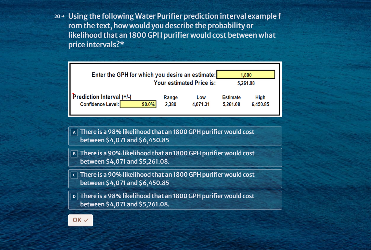 20 → Using the following Water Purifier prediction interval example f
rom the text, how would you describe the probability or
likelihood that an 1800 GPH purifier would cost between what
price intervals?*
Enter the GPH for which you desire an estimate:
Your estimated Price is:
Prediction Interval (+/-)
Confidence Level:
Range
90.0% 2,380
Low
4,071.31
1,800
5,261.08
OK ✓
Estimate
High
5,261.08 6,450.85
A There is a 98% likelihood that an 1800 GPH purifier would cost
between $4,071 and $6,450.85
[B] There is a 90% likelihood that an 1800 GPH purifier would cost
between $4,071 and $5,261.08.
c There is a 90% likelihood that an 1800 GPH purifier would cost
between $4,071 and $6,450.85
D] There is a 98% likelihood that an 1800 GPH purifier would cost
between $4,071 and $5,261.08.