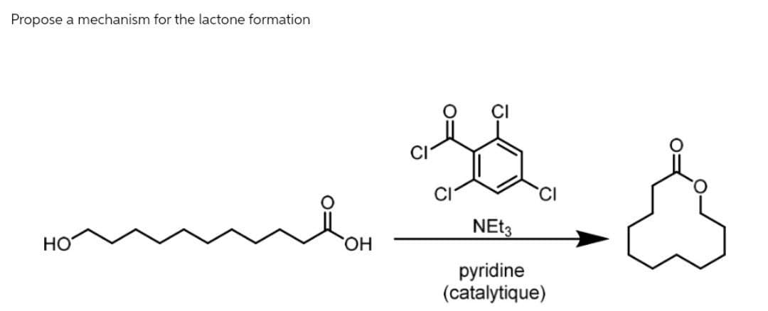 Propose a mechanism for the lactone formation
HO
OH
NEt3
pyridine
(catalytique)
