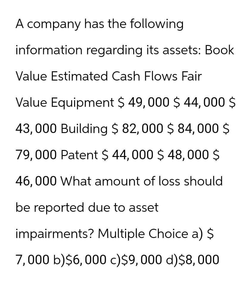 A company has the following
information regarding its assets: Book
Value Estimated Cash Flows Fair
Value Equipment $ 49,000 $ 44,000 $
43,000 Building $ 82,000 $ 84,000 $
79,000 Patent $ 44,000 $ 48,000 $
46,000 What amount of loss should
be reported due to asset
impairments? Multiple Choice a) $
7,000 b)$6,000 c)$9,000 d)$8,000