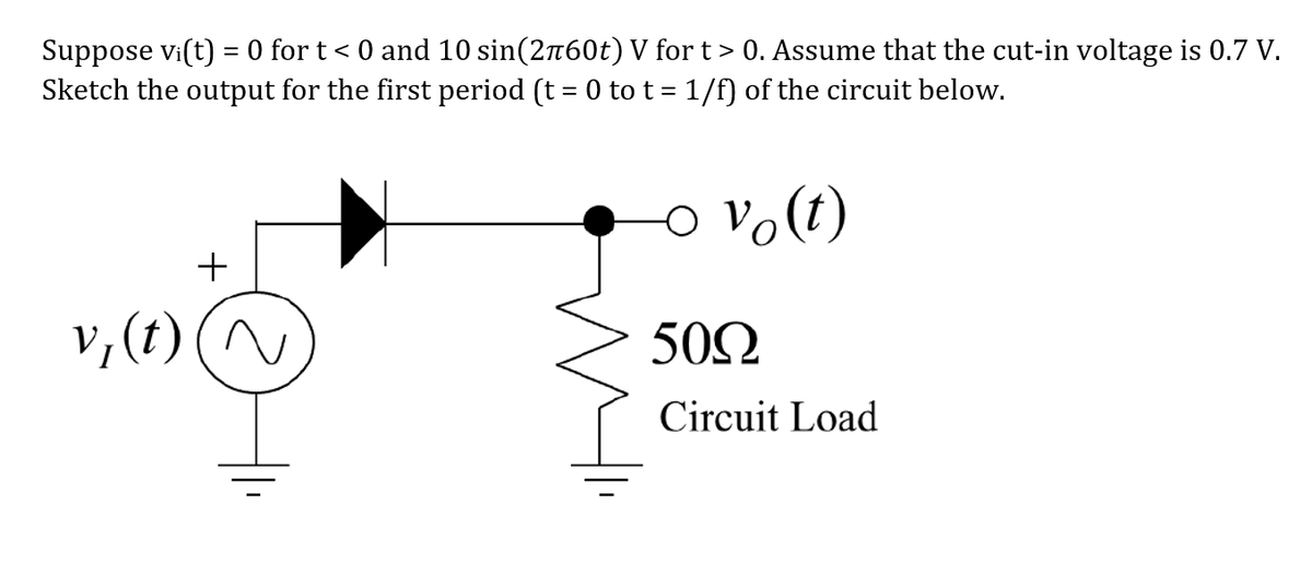Suppose vi(t) = 0 for t < 0 and 10 sin(2-60t) V for t > 0. Assume that the cut-in voltage is 0.7 V.
Sketch the output for the first period (t = 0 to t = 1/f) of the circuit below.
○ vo(t)
50Ω
Circuit Load
v₁ (t)
+