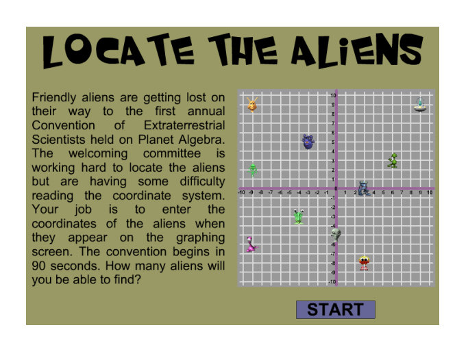 LOCATE THE ALIENS
Friendly aliens are getting lost on
their way to the first annual
Convention
of
Extraterrestrial
Scientists held on Planet Algebra.
The welcoming committee is
working hard to locate the aliens
but are having some difficulty
reading the coordinate system.
Your job is to
coordinates of the aliens when
-10 9 7
enter
the
they appear on the graphing
screen. The convention begins in
90 seconds. How many aliens will
you be able to find?
START

