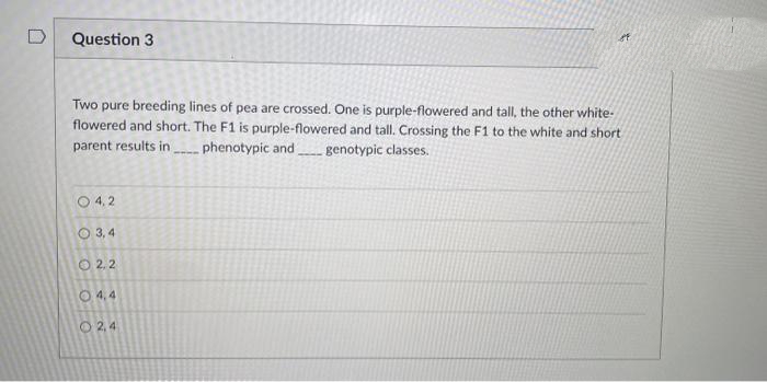 D
Question 3
et
Two pure breeding lines of pea are crossed. One is purple-flowered and tall, the other white-
flowered and short. The F1 is purple-flowered and tall. Crossing the F1 to the white and short
parent results in phenotypic and genotypic classes.
O 4,2
O 3, 4
O 2,2
O 4,4
O 24

