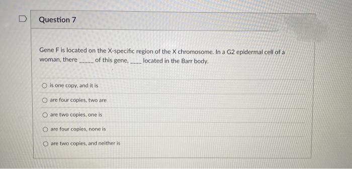 Question 7
Gene F is located on the X-specific region of the X chromosome. In a G2 epidermal cell of a
woman, there
of this gene, located in the Barr body.
O is one copy, and it is
are four copies, two are
O are two copies, one is
are four copies, none is
are two copies, and neither is
