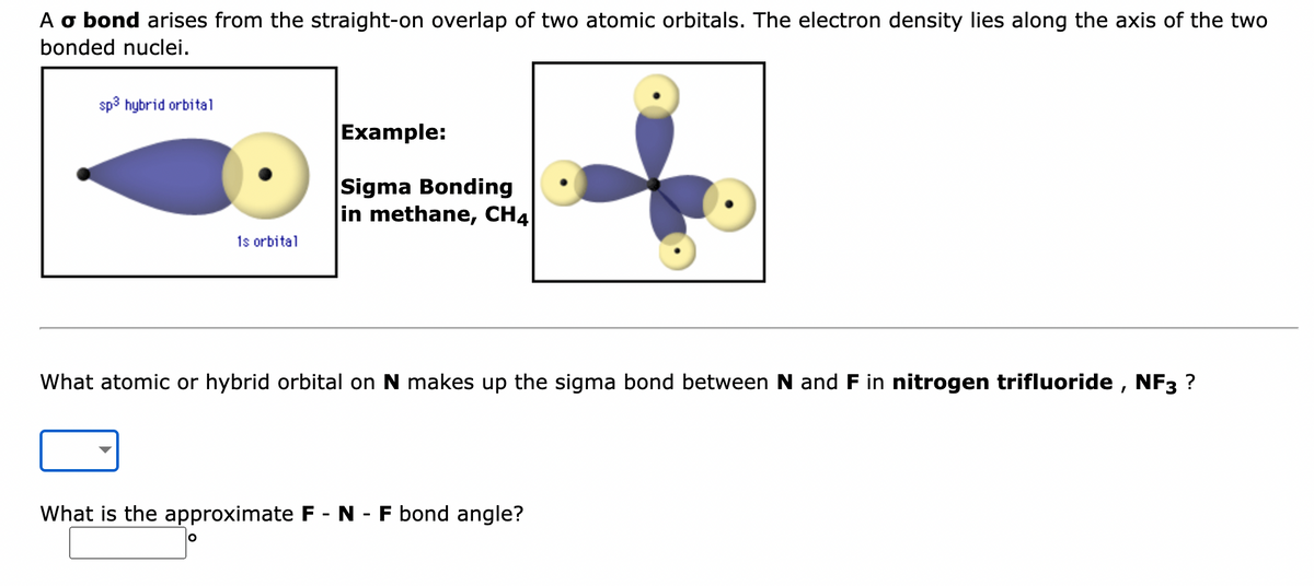 A o bond arises from the straight-on overlap of two atomic orbitals. The electron density lies along the axis of the two
bonded nuclei.
sp³ hybrid orbital
1s orbital
Example:
Sigma Bonding
in methane, CH4
What atomic or hybrid orbital on N makes up the sigma bond between N and F in nitrogen trifluoride, NF3 ?
What is the approximate F - N - F bond angle?