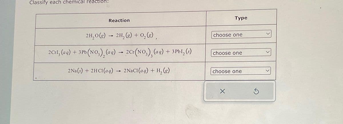 Classify each chemical reaction!
Reaction
2H₂O(g) → 2H₂(g) + O₂(g),
2Crl₂ (aq) + 3Pb(NO3), (aq) → 2Cr(NO3)₂ (aq) + 3PbI₂ (s)
2Na(s) + 2HCl(aq)
->>>
2 NaCl(aq) + H₂(g)
Type
choose one
choose one
choose one
X
Ś